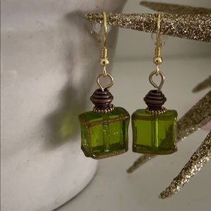 Green glass, gold, bronze earrings
